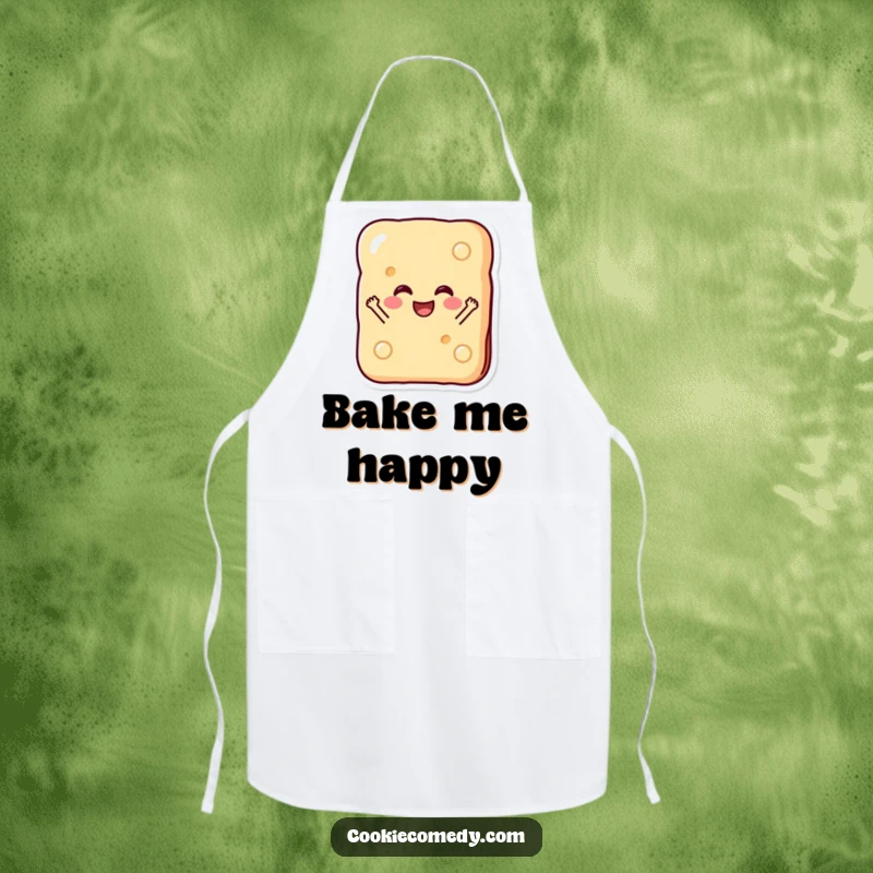 Funny apron design with a happy rectangular biscuit character jumping with glee, perfect for cheerful cooking and baking protection.