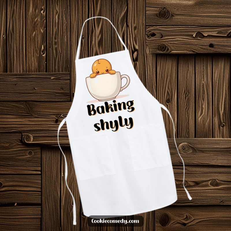Funny apron design with a shy gingerbread person peeking over a large coffee cup, adding a touch of sweet charm to kitchen wear.