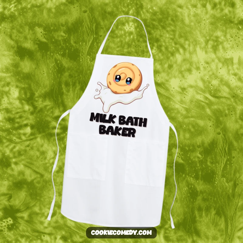 Funny apron illustrating a swirled cookie character with bright eyes, having a blast sliding down a milk stream, perfect for chefs.