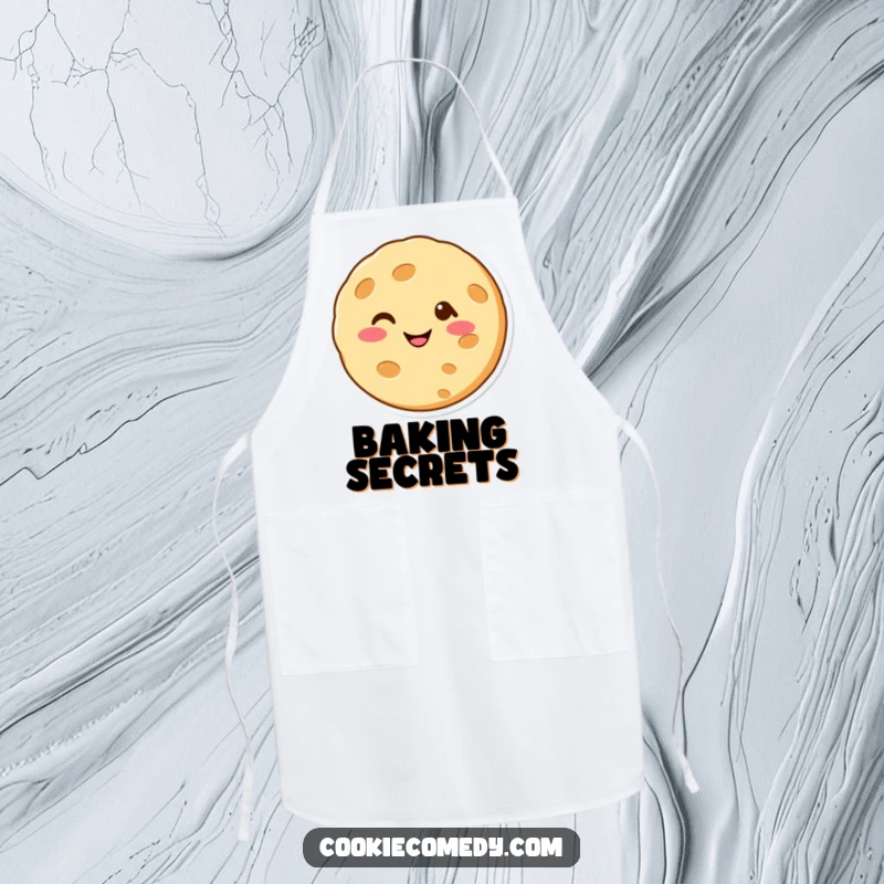 Funny apron showcasing a cheerful cookie character winking, designed to keep you clean while adding a dose of culinary humor.