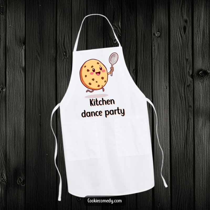Funny apron with a cookie character enthusiastically dancing with a tiny spoon, keeping you clean with a touch of rhythmic humor.