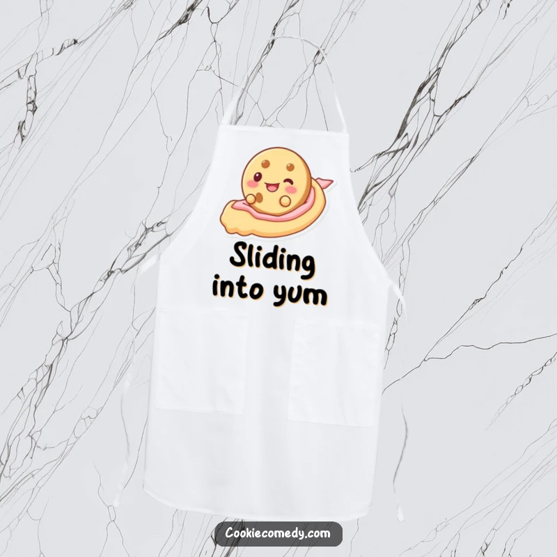 Funny apron featuring a cookie character gleefully sliding down a frosting ribbon, keeping you clean with a dash of sweet humor.
