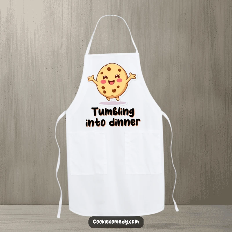 Funny apron with a cookie character with arms outstretched, playfully tumbling forward, keeping you clean with a touch of whimsical humor.