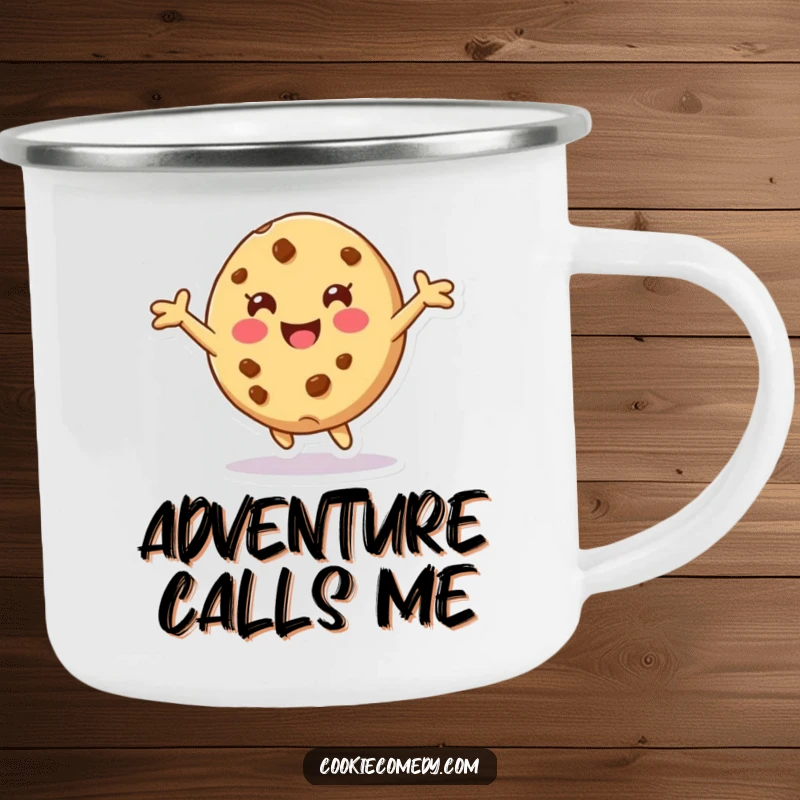 Funny camping mug featuring a cookie character with arms outstretched, playfully tumbling forward, built for adventure with a dose of fun.