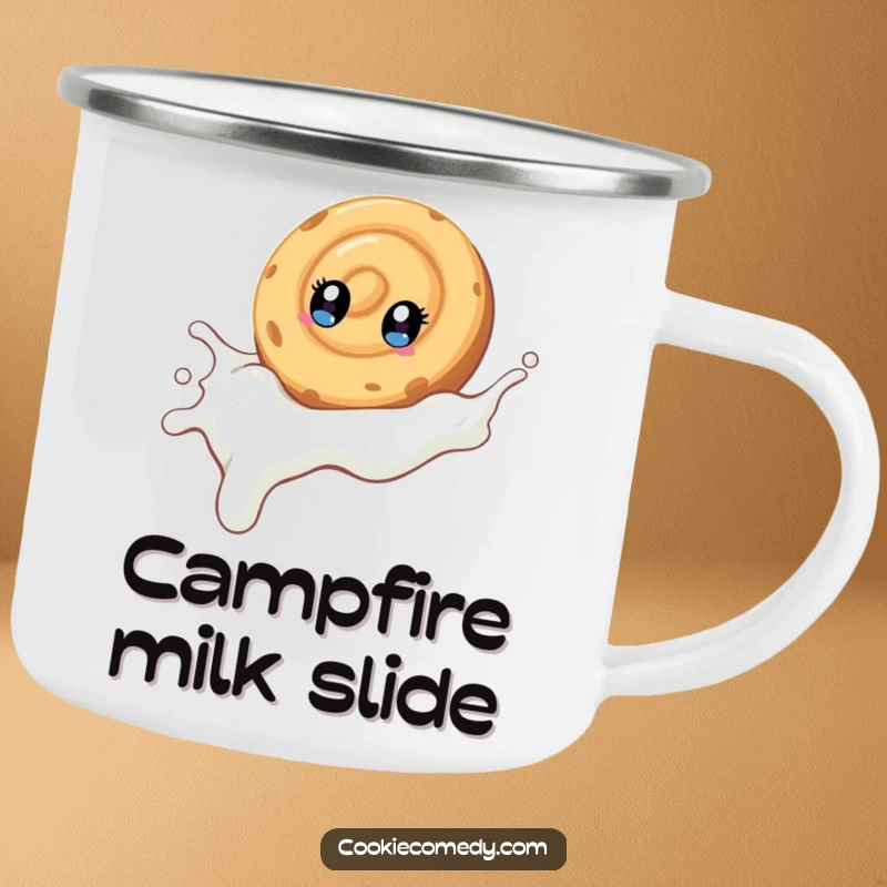 Funny camping mug showing a swirled cookie character with bright eyes, sliding down a milk stream, perfect for outdoor enjoyment.
