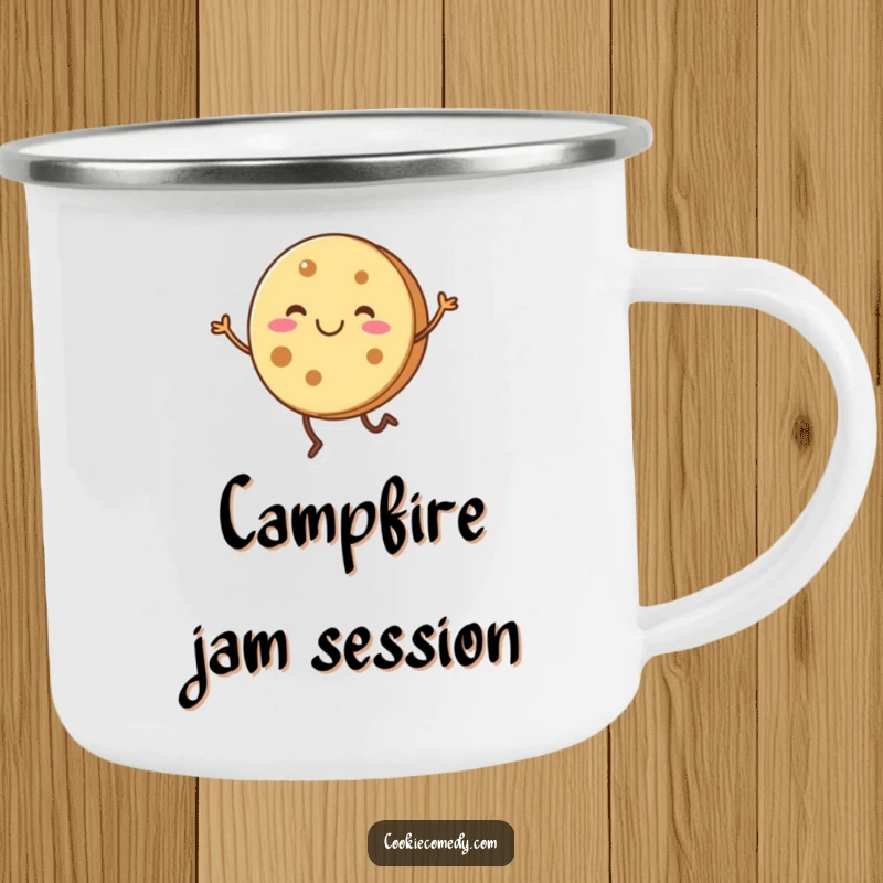 Funny cookie character joyfully dancing on a durable camping mug for outdoor enjoyment.