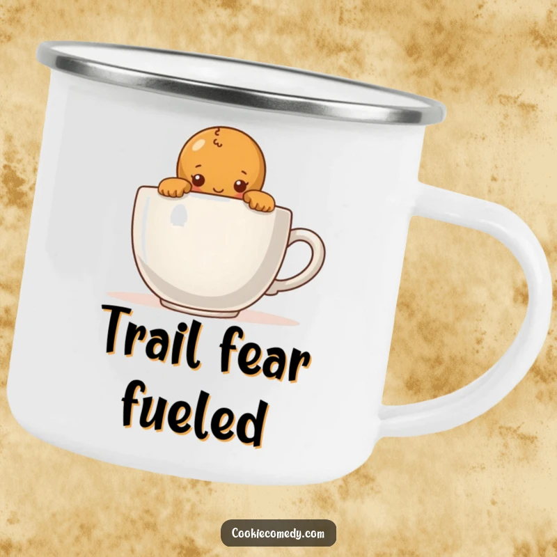 Funny camping mug showing a shy gingerbread person peeking over a large coffee cup, perfect for enjoying beverages outdoors.