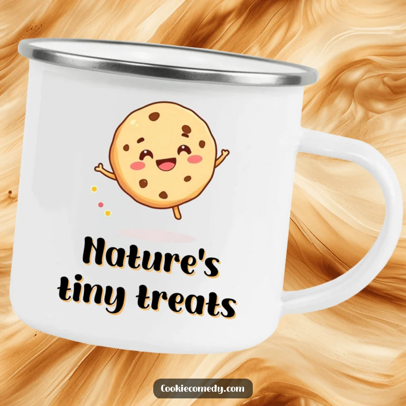 Funny camping mug featuring a cookie character gleefully bouncing a sprinkle, built for adventure with a dose of playful humor.