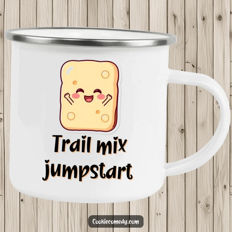 Funny camping mug showing a happy rectangular biscuit character joyfully jumping, perfect for outdoor drinks and cheerful moments.