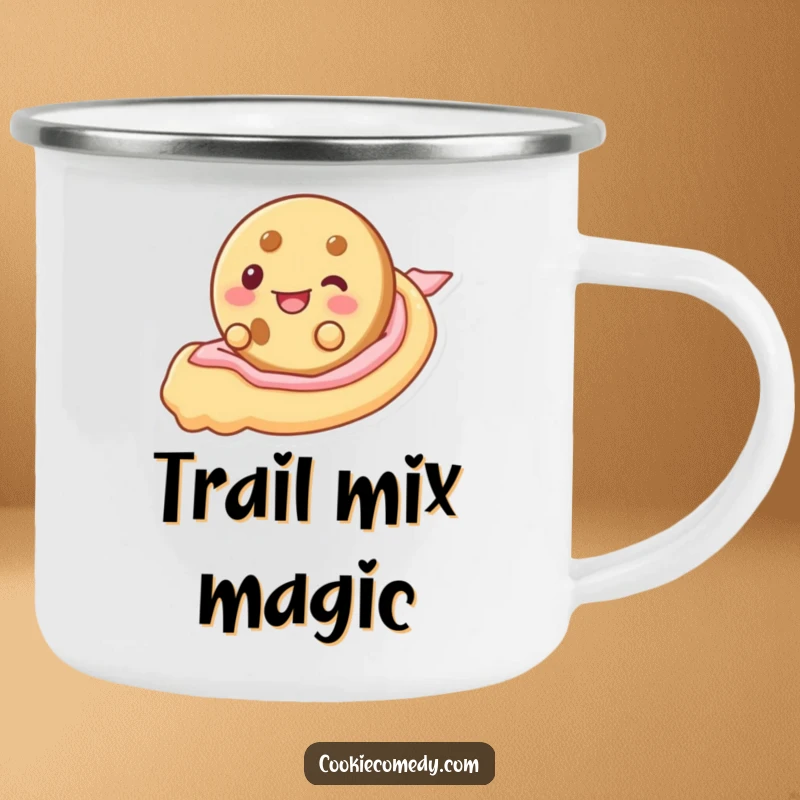 Funny camping mug featuring a cookie character joyfully sliding down frosting, built for adventure with a dose of sweet humor.