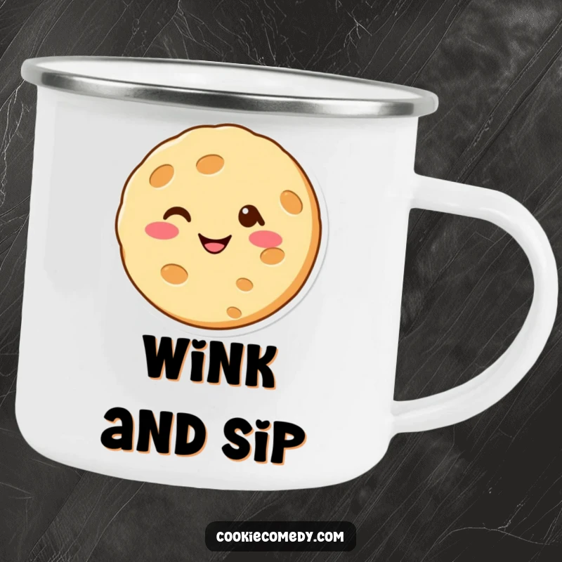 Funny camping mug featuring a cheerful cookie character winking, designed for outdoor use with a dose of portable humor.