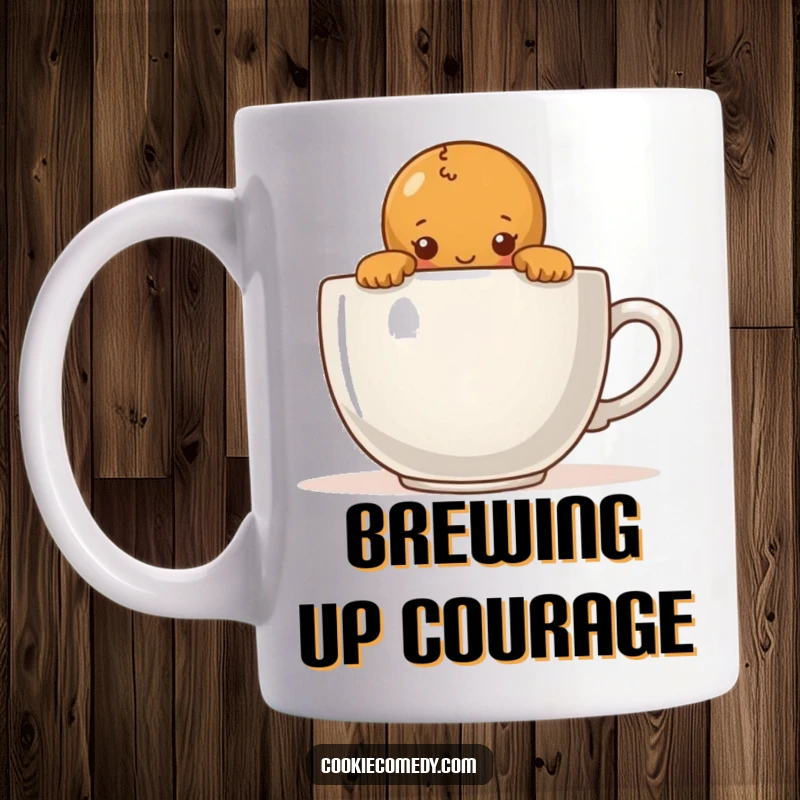 Funny mug showing a shy gingerbread person peeking cautiously over the brim of a giant coffee cup, a relatable morning scene.