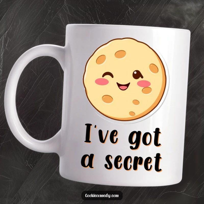Funny mug featuring a cheerful cookie character with simple eyes and a wide smile winking, radiating pure joy and humor.
