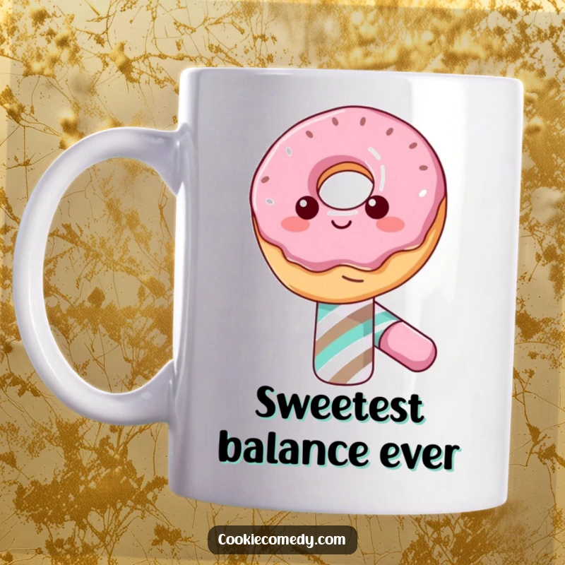 Funny mug showing a happy donut character with a big smile, precariously but joyfully balancing on top of a red and white candy cane.