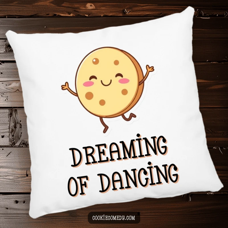Soft throw pillow featuring a funny depiction of a smiling, round cookie character with short legs dancing.