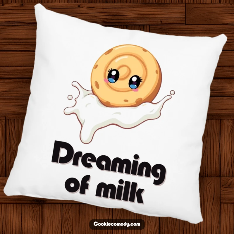 Funny pillow showcasing a swirled cookie character with bright, wide eyes, sliding down a milk stream, offering comfort and amusement.