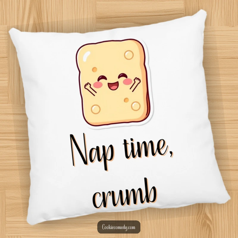 Funny pillow showcasing a happy rectangular biscuit character with a joyful expression, caught in a playful leap, offering comfort and smiles.