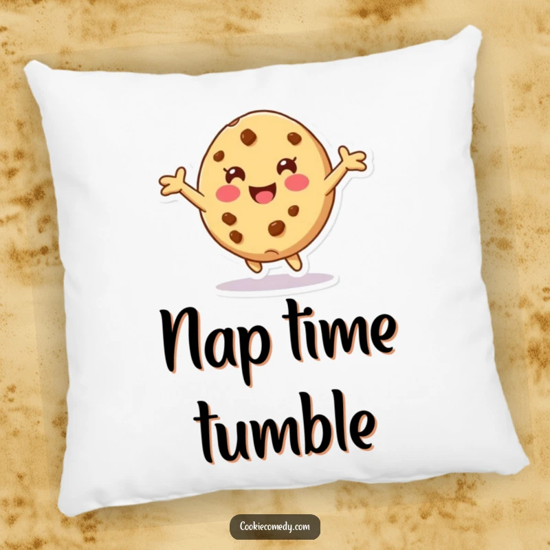 Funny pillow depicting a cookie character with arms outstretched, playfully tumbling forward, offering soft comfort and a dose of lighthearted fun.