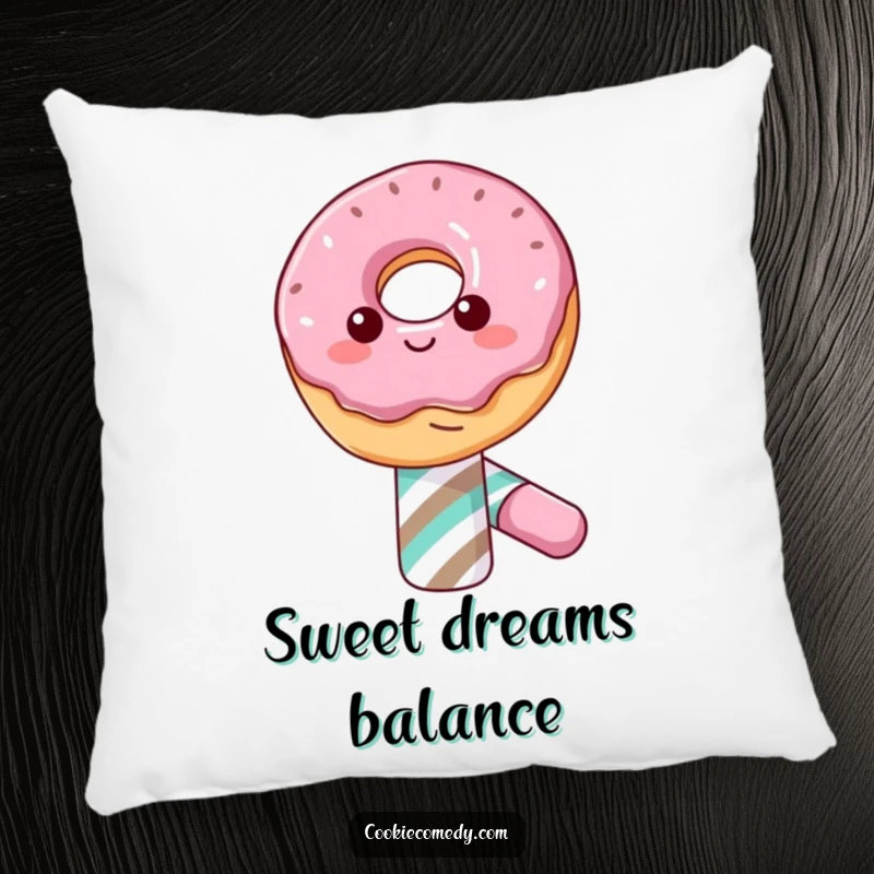 Funny pillow showcasing a happy donut character with a wide grin, balancing on a candy cane, offering comfort and sweet amusement.