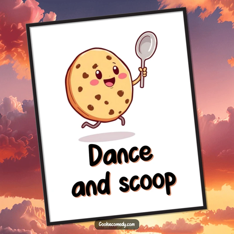 Funny digital art print of a cookie character enthusiastically dancing with a tiny spoon, ready for instant rhythmic and humorous wall decor.