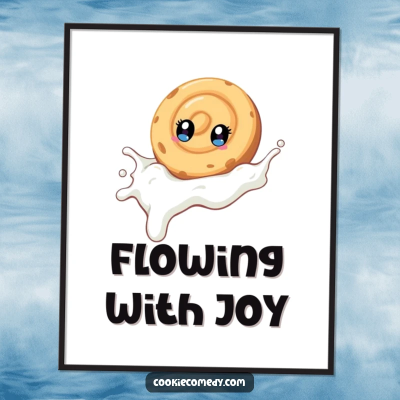 Funny digital art of a swirled cookie character with bright eyes, joyfully sliding down a milk stream, ready to bring smiles.