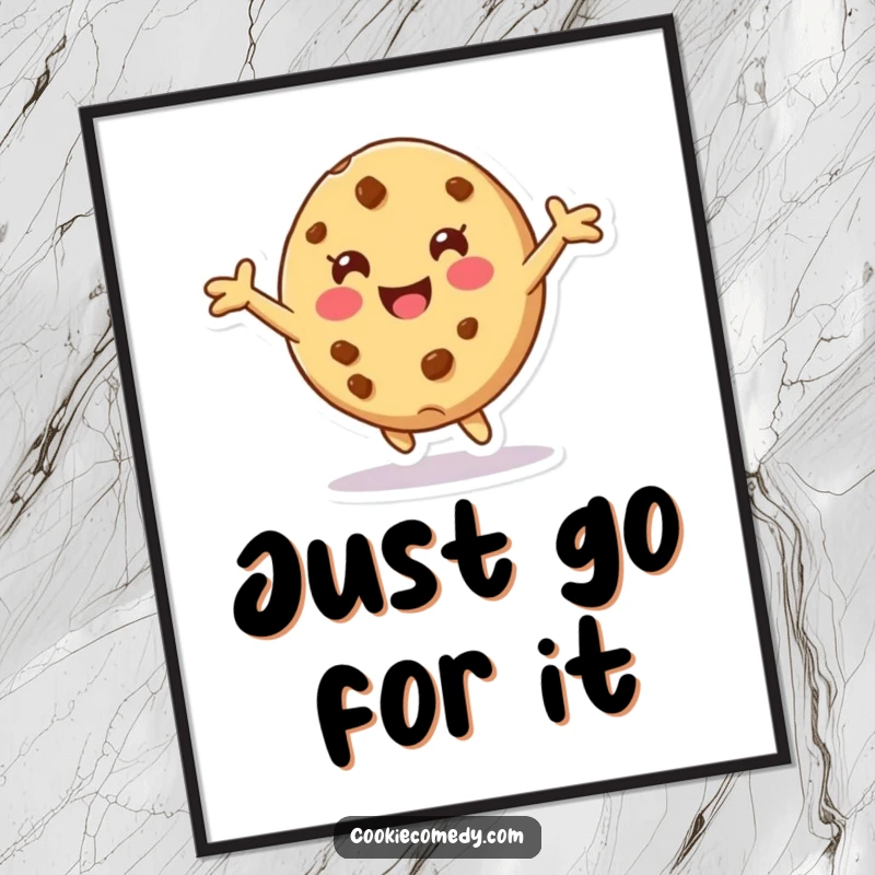 Funny digital art print of a cookie character with arms outstretched, playfully tumbling forward, ready for instant whimsical and humorous wall decor.