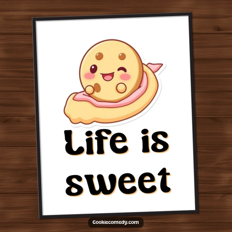 Funny digital art print of a cookie character joyfully sliding down a ribbon of frosting, ready for instant humorous wall decor.