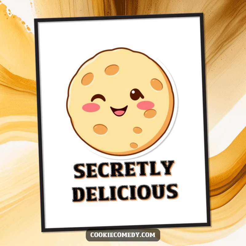 Funny digital art print of a cheerful cookie character winking, ready to be printed and displayed for instant humorous home decor.