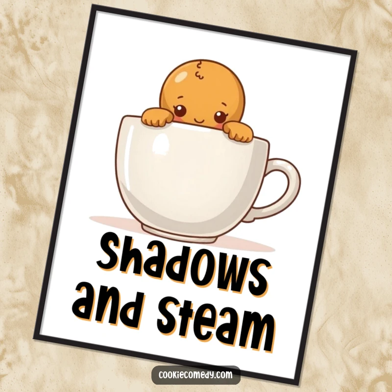 Funny digital art of a shy gingerbread person peeking over a giant coffee cup, ready to add sweet introversion to any display.