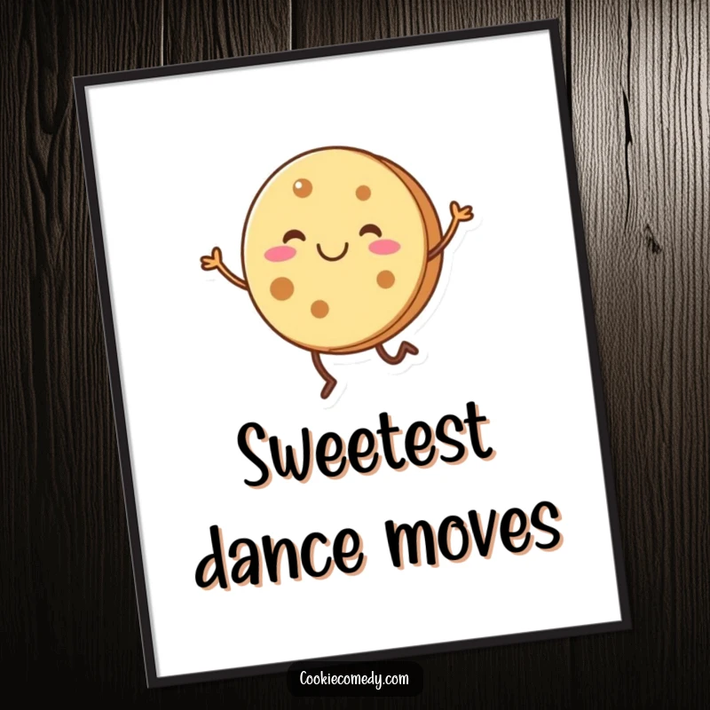 Funny, high-resolution digital art of a smiling, round cookie character with short legs dancing.