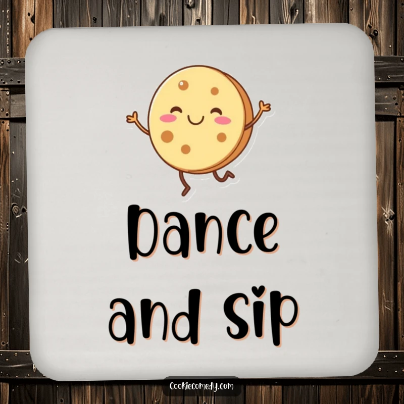Funny illustration of a smiling, round cookie character with short legs dancing, serving as a drink coaster.