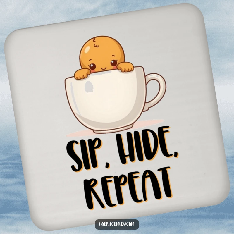 Funny drink coaster with a shy gingerbread person peeking over a large coffee cup, protecting surfaces with a sweet, introverted touch.