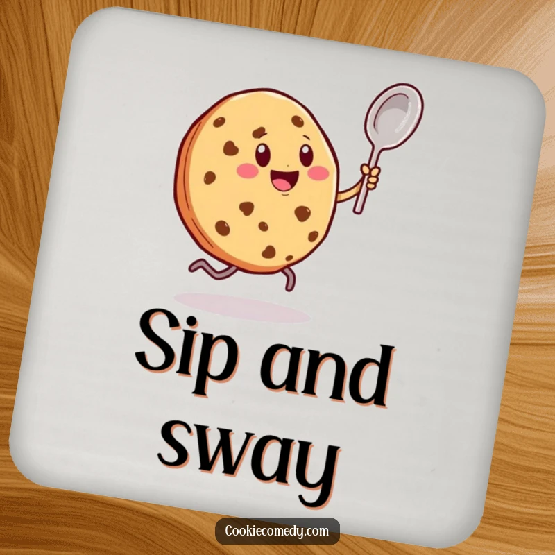 Funny drink coasters with a cookie character enthusiastically dancing with a tiny spoon, offering excellent surface protection with a rhythmic and humorous design.