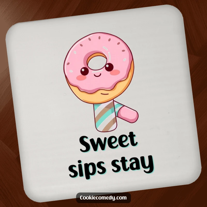 Funny drink coaster with a happy donut character balancing on a candy cane, protecting surfaces with sweet, whimsical humor.