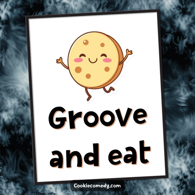 Funny and vibrant illustration of a smiling, round cookie character with short legs doing a joyful dance.