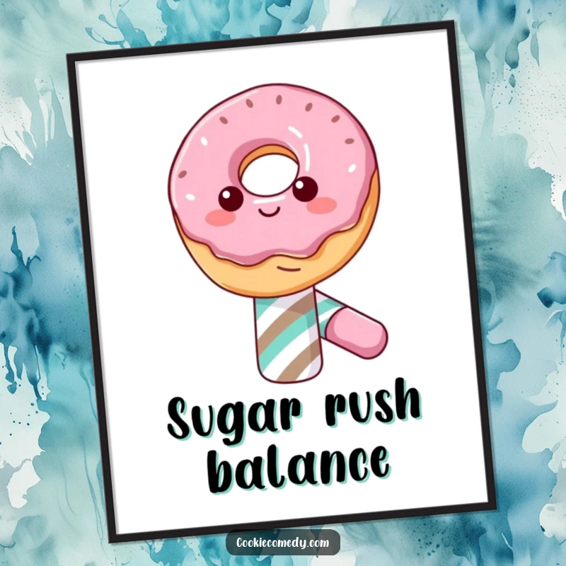Funny poster art of a happy donut character with a beaming smile, balancing perfectly atop a striped candy cane, adding whimsy to decor.