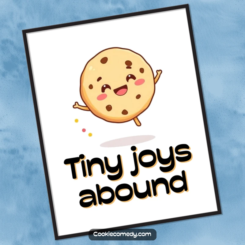 Funny poster featuring a smiling cookie character gleefully bouncing a tiny sprinkle, bringing vibrant joy and playful humor to wall decor.