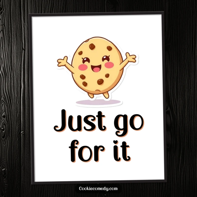 Funny poster featuring a cookie character with arms outstretched, playfully tumbling forward, bringing whimsical humor to wall decor.