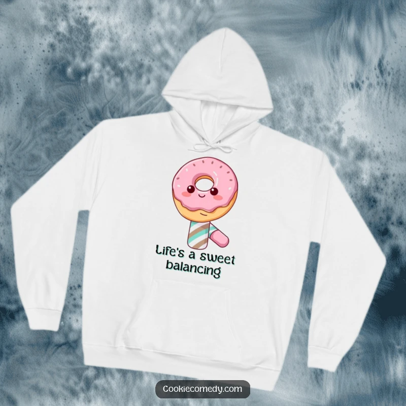 Funny hoodie design featuring a happy donut character with a wide smile, balancing on a tall candy cane, offering cozy sweetness.