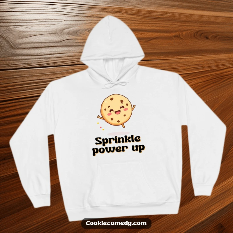 Funny hoodie featuring a cookie character gleefully bouncing a tiny sprinkle, offering warmth and a dose of pure, playful joy.