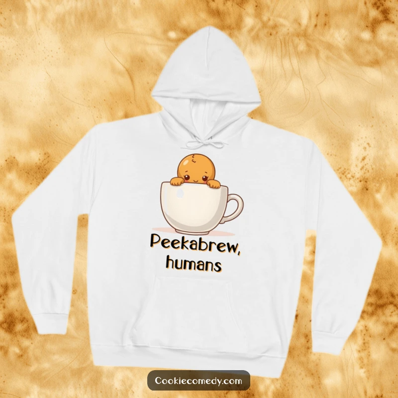 Funny hoodie design featuring a shy gingerbread person cautiously peeking over a huge coffee cup, offering warmth and introverted charm.