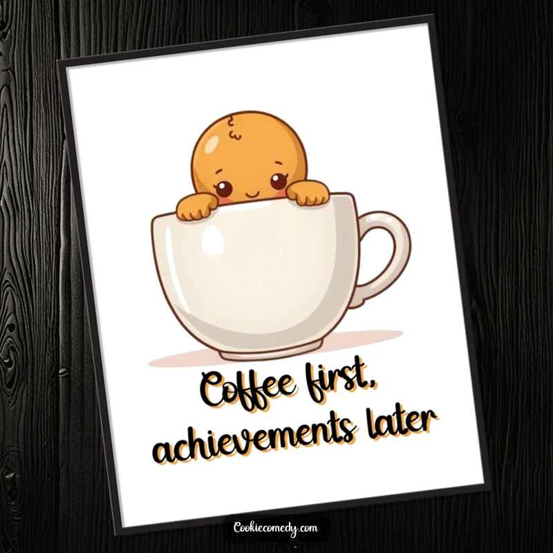 Funny Free Printable Wall Art: A shy gingerbread character tentatively peeking over the enormous rim of a coffee cup.