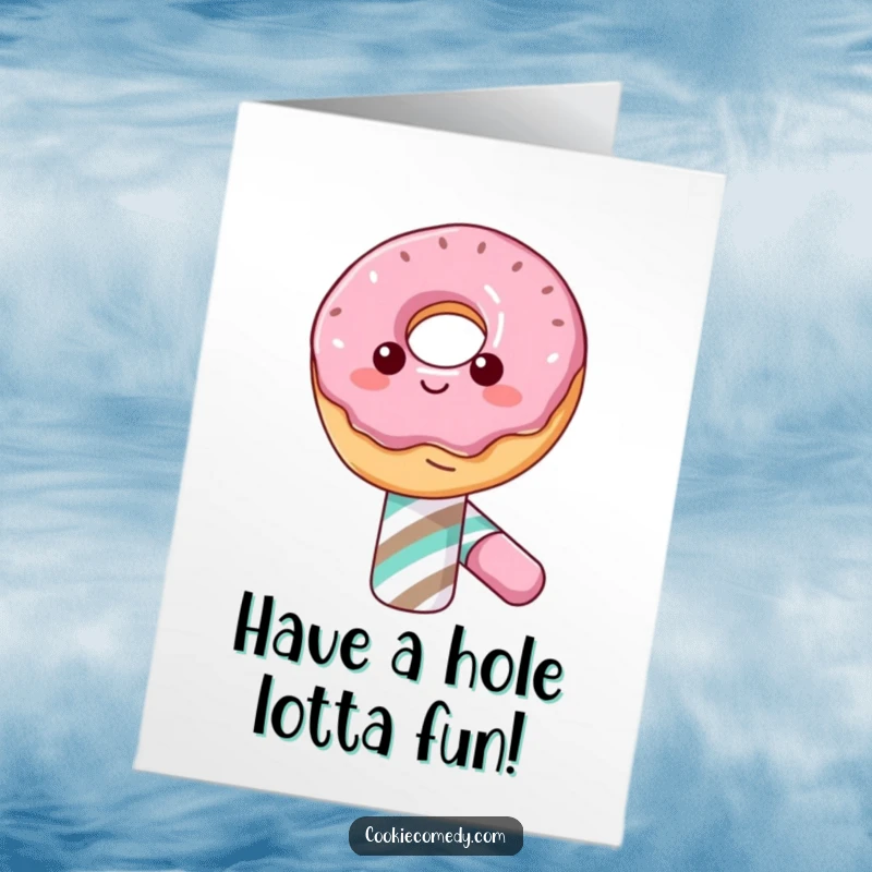 Funny Free Printable Birthday Card: A happy donut character precariously yet cheerfully balancing atop a striped candy cane.