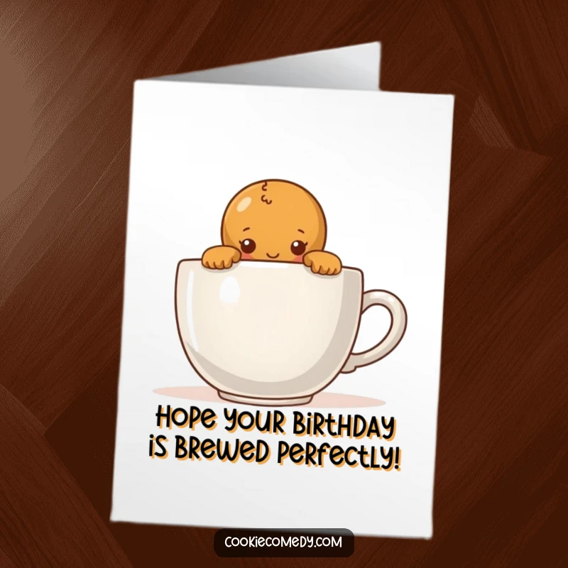 Funny Free Printable Birthday Card: A shy gingerbread person peeking cautiously over the rim of a huge coffee cup.