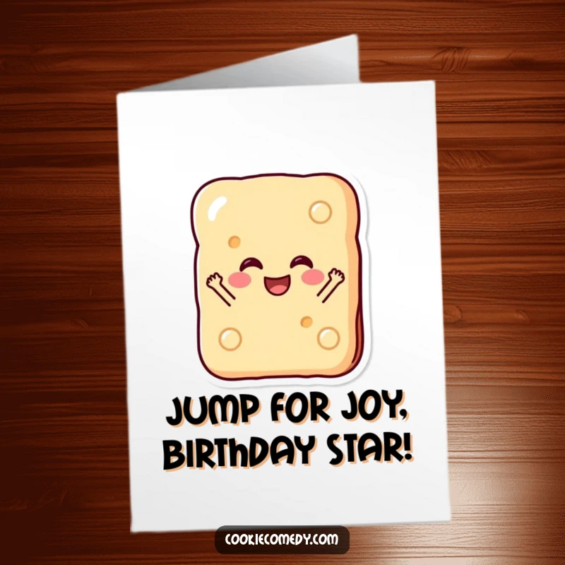 Funny Free Printable Happy Birthday Card: A rectangular biscuit with a joyous face leaping with excitement.