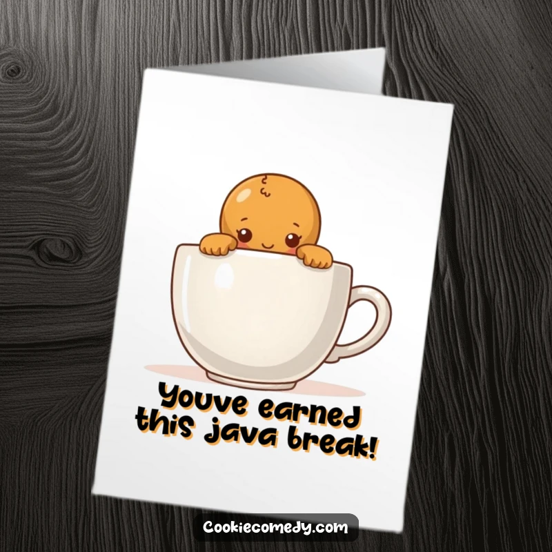 Funny Free Printable Congratulations Card: A timid gingerbread character peeking shyly over a massive coffee mug's edge.