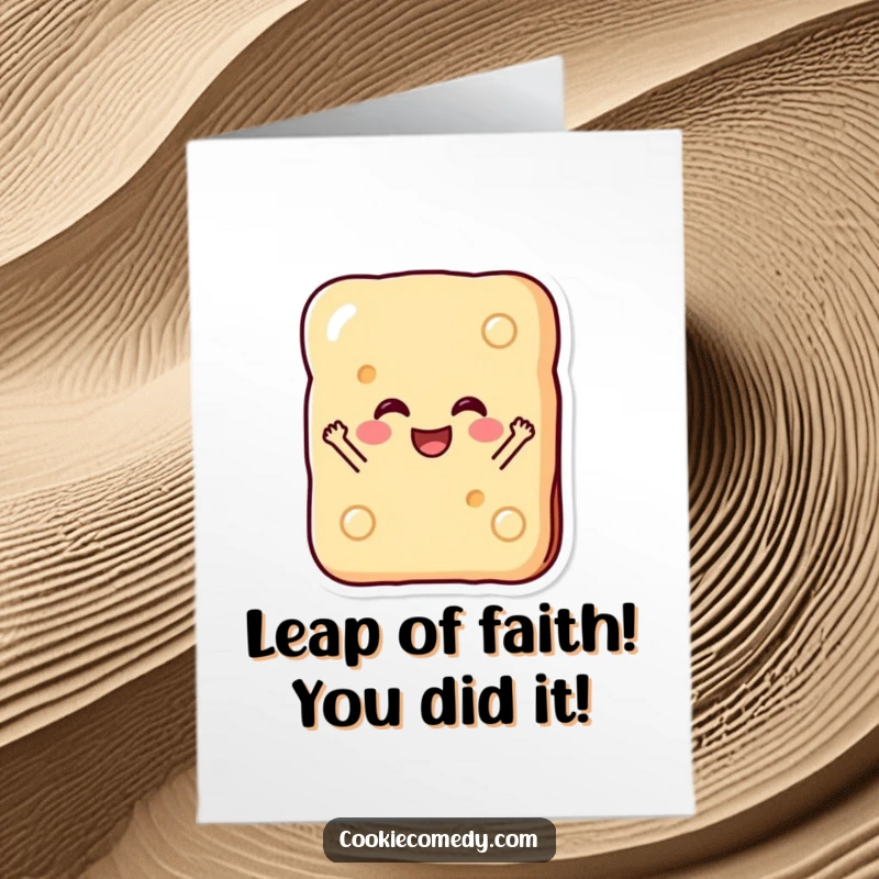 Funny Free Printable Congratulations Card: A rectangular biscuit with a happy face jumping enthusiastically.