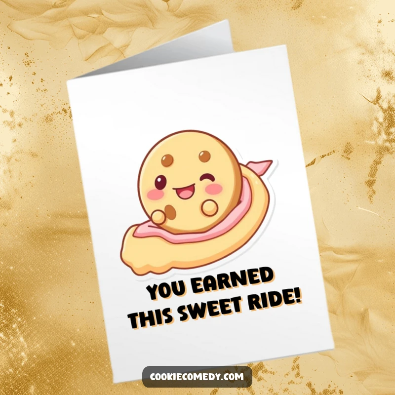 Funny Free Printable Congrats Card: Cookie Character Rides Frosting with Joy, a Sweet and Humorous Downloadable