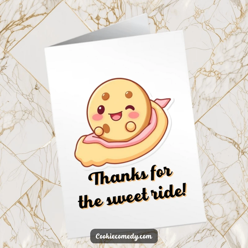 Funny Free Printable Thank You Card: Cookie Character Glides on Frosting, a Cute and Humorous Downloadable
