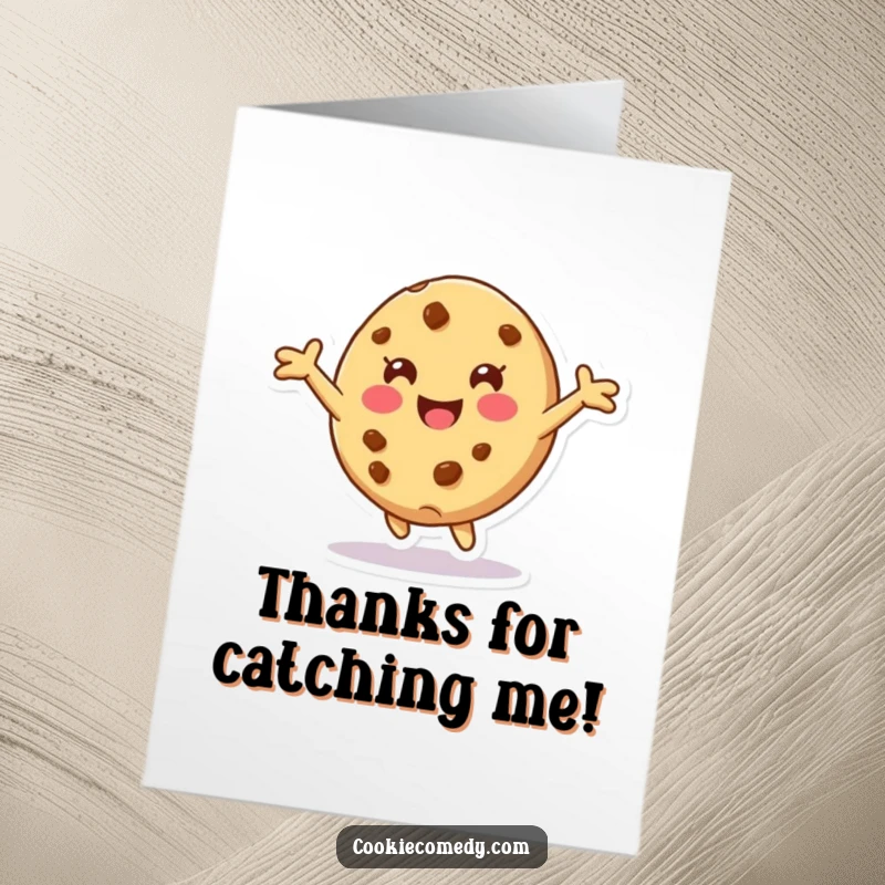 Funny Free Printable Thank You Card: Cookie Character Tumbles Playfully with Arms Open, a Cute Downloadable